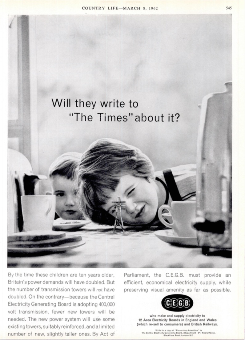 Listening to <a href="/BBCr4today/">BBC Radio 4 Today</a> prompts me to post these CEGB adverts from the 1960s (incl. in the book I’m currently writing). Current debates about the siting of pylons strongly resonate with those erupting in the 1950s/60s with the expansion of the national grid and super grid.