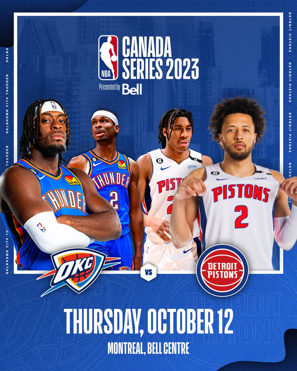 The <a href="/okcthunder/">OKC THUNDER</a> and <a href="/DetroitPistons/">Detroit Pistons</a> are coming to MONTREAL on October 12... Register your interest now! 🇨🇦

➡️ nba.com/canadaseries

#NBACanadaSeries is presented by <a href="/Bell/">Bell</a>.