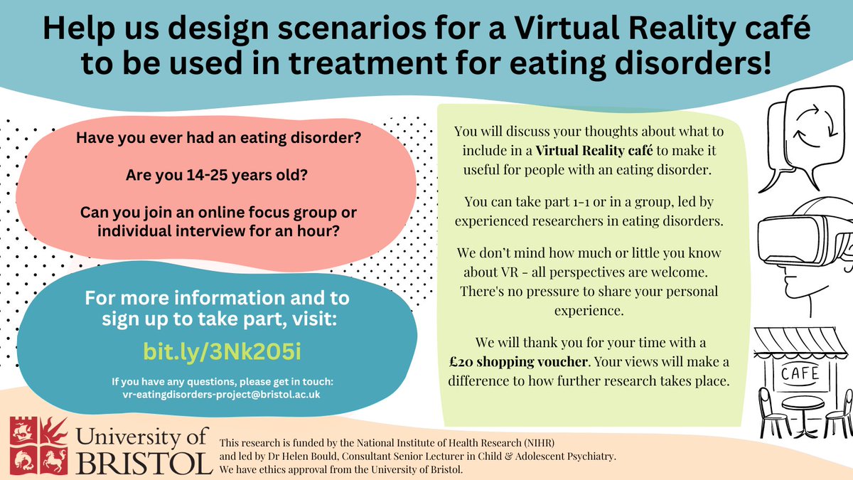 Laura_A_Chapman's tweet photo. Help us design scenarios in a virtual reality café to help people with eating disorders!

We're looking for:
👉 People with lived experience aged 14-25 (https://t.co/qAKxYMDJlS)
👉 Parents/carers (https://t.co/SKqmYZPK9q)
👉 Eating disorder clinicians (https://t.co/wRVBs01NJm) https://t.co/rAaLttJvfh
