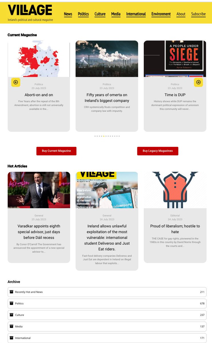 Our website village.ie is making progress after a forever of uselessness.
It represents 3 incarnations of Village: 
the current print magazine, 'hot' stories, and a 15-year archive.
You can buy a subscription or membership, or the current edition.
Opinions welcome!