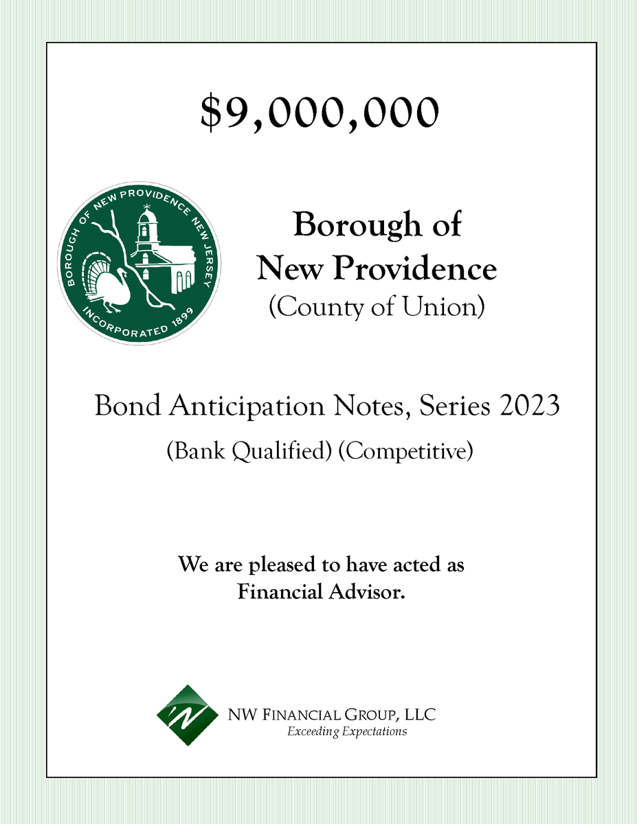 NWFinancialGrp's tweet photo. NW Financial served as Financial Advisor to the Borough of New Providence on the following note transaction which closed on July 26, 2023.

#financialadvisor #financialconsulting #municipalfinance #nwfinancial #newprovidencenj #unioncountynj #unioncountynj #NewJersey https://t.co/qPnyzZAVD2