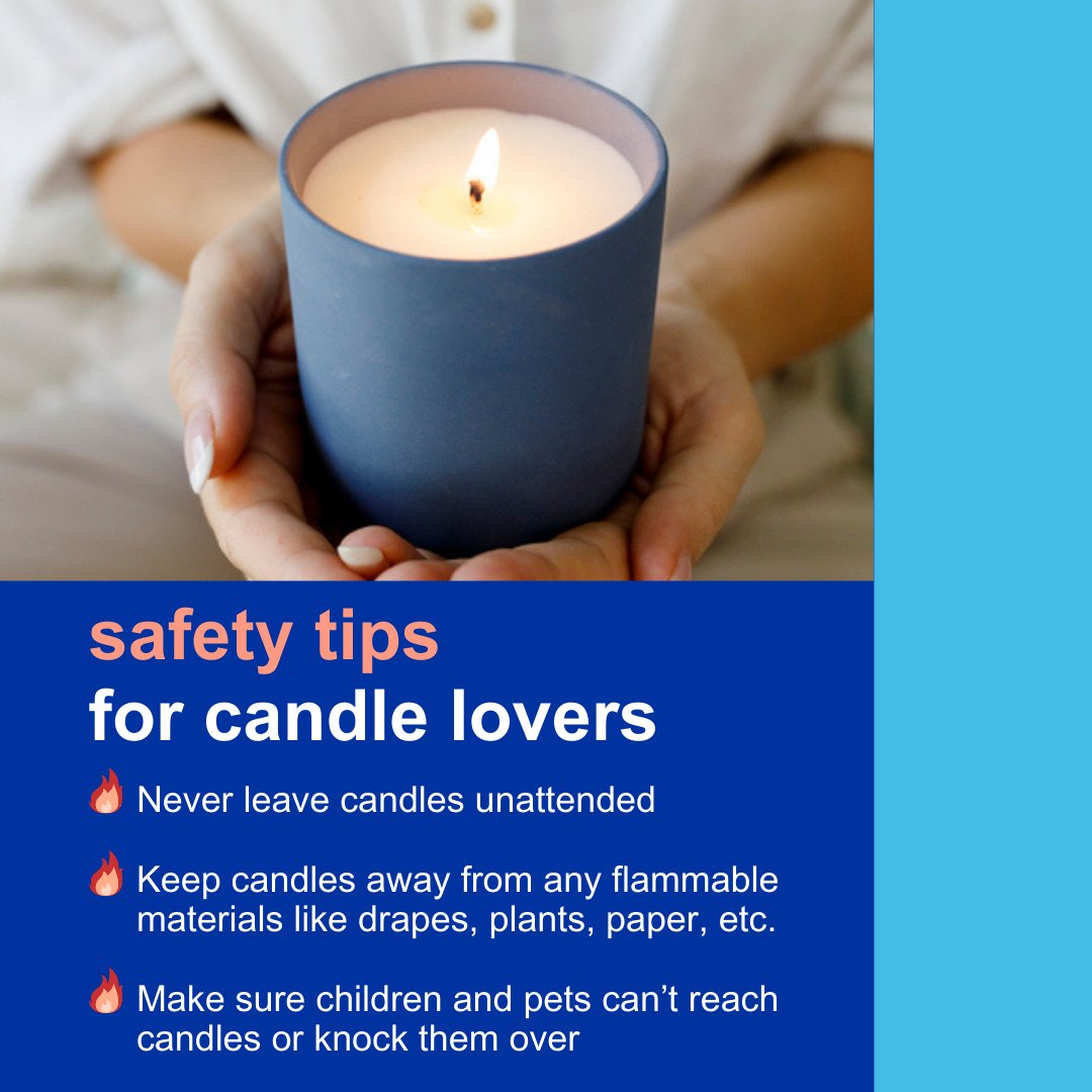 UrbanoInsurance's tweet photo. One moment you’re smelling the sweet scent of a freshly lit candle then, in the blink of an eye, you smell something burning 😳. Check out our tips above for candle safety tips to protect your home! https://t.co/iFJCwoyfpu