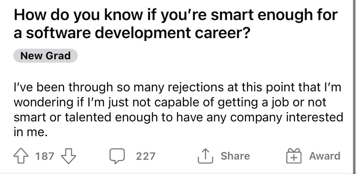 catalinmpit's tweet photo. This hits close to my heart.

I was like that, too, before working as a developer. But trust me, everyone can become a developer.

However, that doesn’t mean we’ll all be at the same level and work at NASA and FAANG companies.

Some of us will build landing pages, some will build algorithms, some will build email templates, some will build operating systems, and so on. 

There’s a place for everyone.

One mention though: software development is very difficult. It’s not as easy as some people make it sound. So don’t feel bad if you don’t understand stuff easily.

And when it comes to rejections, everyone gets rejected in their career. No matter how many years of experience they have.

If you enjoy what you’re doing, keep pushing. You’ll make it.