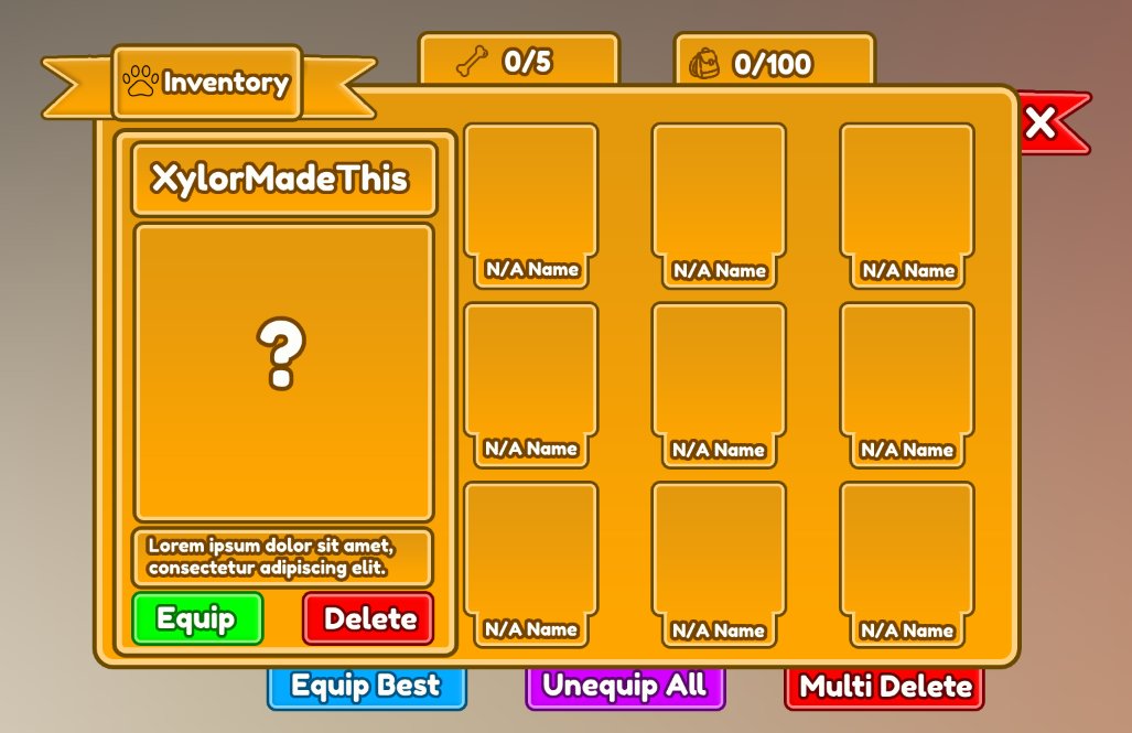 XylorRobloxUI's tweet image. Pet Inventory UI! First proper UI Design :D 
#roblox #robloxdev #robloxui #robloxgfx #robloxcommission #RobloxDevs #RobloxCommissions #uidesign