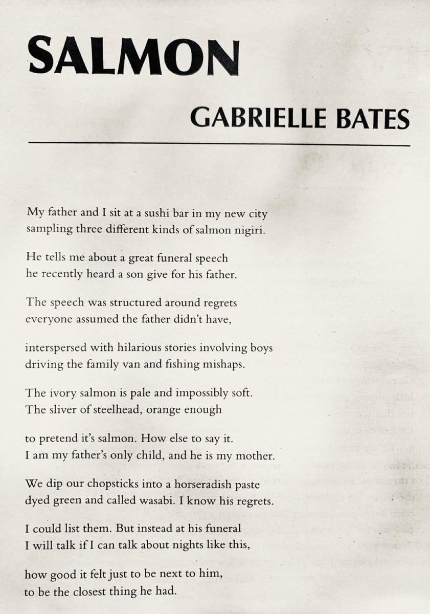 Educiting's tweet photo. 2. Salmon by Gabrielle Bates
(2023) She calls this a pre-elegy and it’s just gorgeous. Parent/child so could be compared with quite a few from POTD - perhaps Material by Ros Barber? https://t.co/zJROhBIBAe