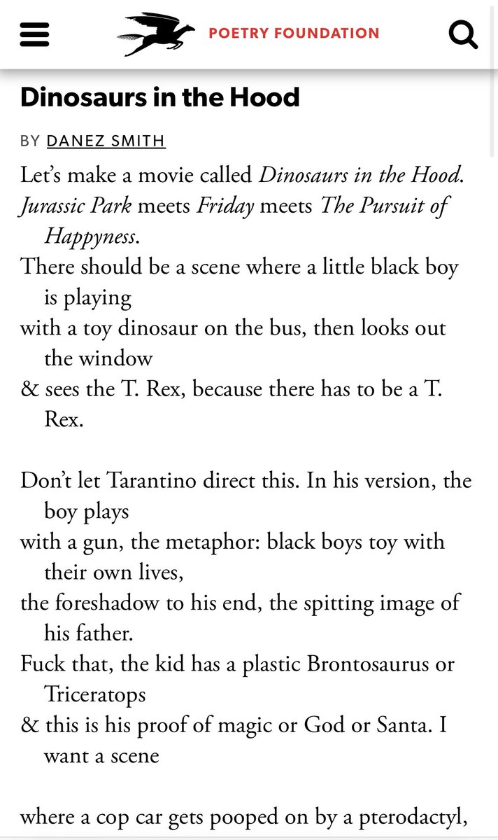 Educiting's tweet photo. 7. Dinosaurs in the Hood by Danez Smith (2014) is 🔥 

The art reference here is Hollywood movies, specifically Jurassic Park.

Again just the opening below: https://t.co/uPNz9B9QeM