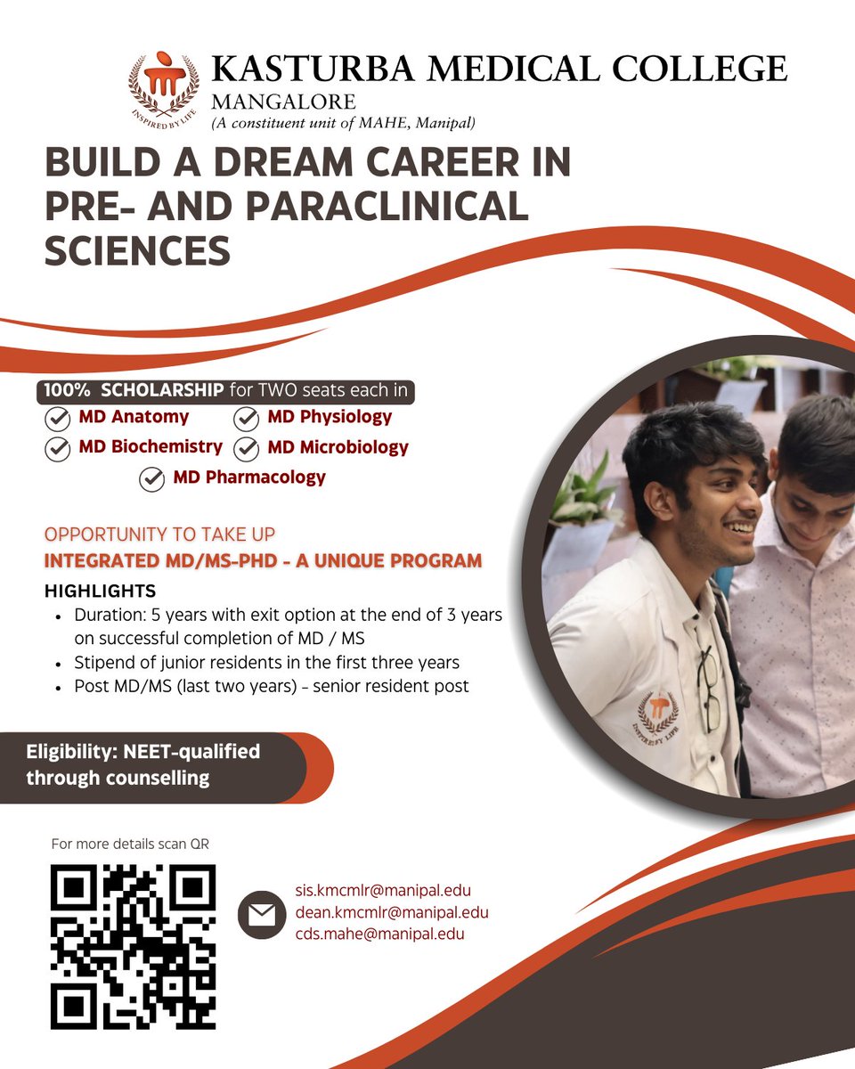 Pursue a great career in preclinical and paraclinical sciences.

Utilise this unique opportunity and enrol in Kasturba Medical College, Mangalore's integrated MD/MS - PhD programme.

For more information, scan the QR code.

#NEET #MAHE #MDMS #PhD #KMCMangalore #Admissions2023
