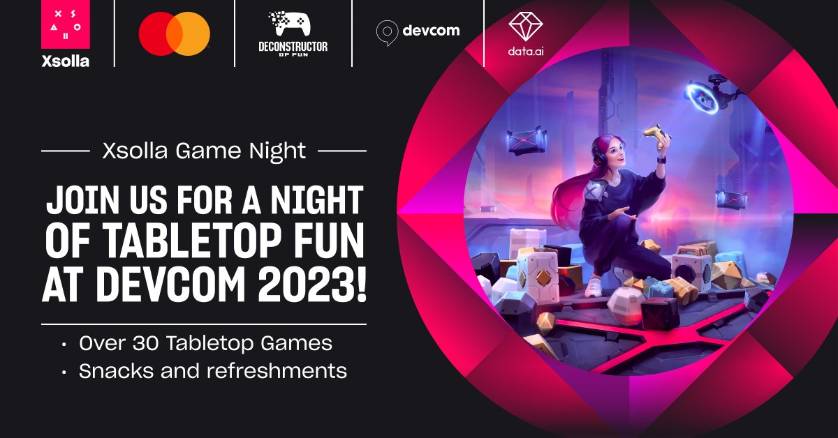 Xsolla's tweet photo. We're teaming up with devcom, Deconstructor of Fun, https://t.co/S0feK8cNEv, and Mastercard for an epic night of tabletop gaming on August 21st at devcom 2023.
Sign up now: https://t.co/MUayNsl2kf #devcom23.
@devcom_global @dataai @Mastercard @DeconFun https://t.co/VLPsvSJspX