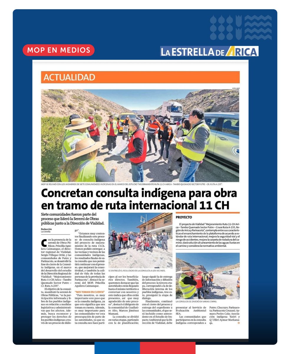 moparica's tweet photo. #Gobiernoenterreno siete comunidades fueron parte de la ➡️consulta indígena para ejecutar proyecto en tramo de ruta internacional 11Ch Arica – Tambo Quemado, a cargo de la 👉Dirección Regional de Vialidad del #MOP. #SeguimosAvanzando #presentesporchile🇨🇱 https://t.co/GpbkNmDRMG