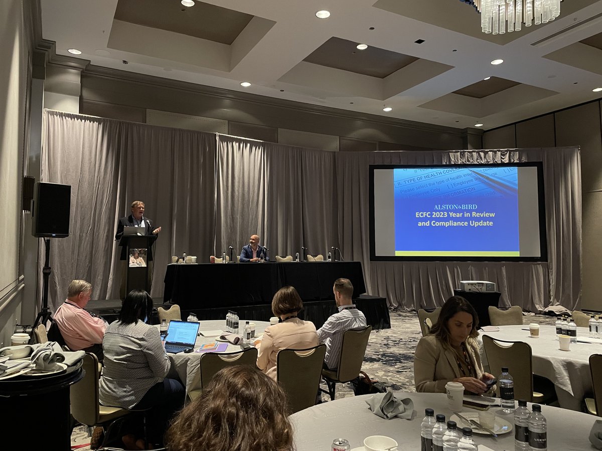 GoECFC's tweet image. It's not an ECFC event without a presentation from John R. Hickman and Ashley Gillihan @AlstonBirdLLP! Talking Cobra notices, 139 plans, collateral impacts on end of COVID as public health emergency, adjusting amended plans and the importance of client coms re: changes.
#GoECFC