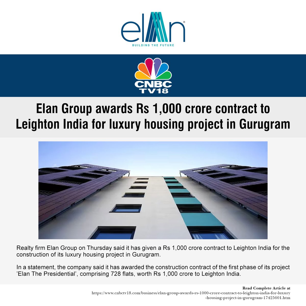 Elanlimited's tweet photo. Proud to share that Elan Group has awarded the Construction Contract worth INR 1000 Crore to the World’s Renowned Company Leighton Group for Elan - The Presidential
#ElanGroup #ElanPresidential #Sector106 #ThePresidential #DwarkaExpressway #cnbc #economictimes #news https://t.co/zhy2f49V57