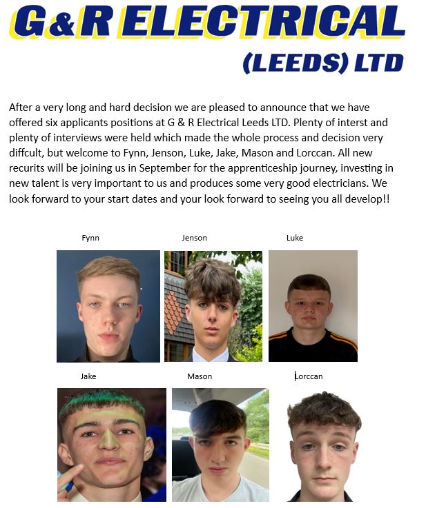 G &amp; R Electrical taking on more apprentices as we grow and look towards the future... Thank you to all applicants who attended you all did great and made our final decision very hard, however there could only be six! #gandrelectricalleedsltd #apprentices #jtl #recruit