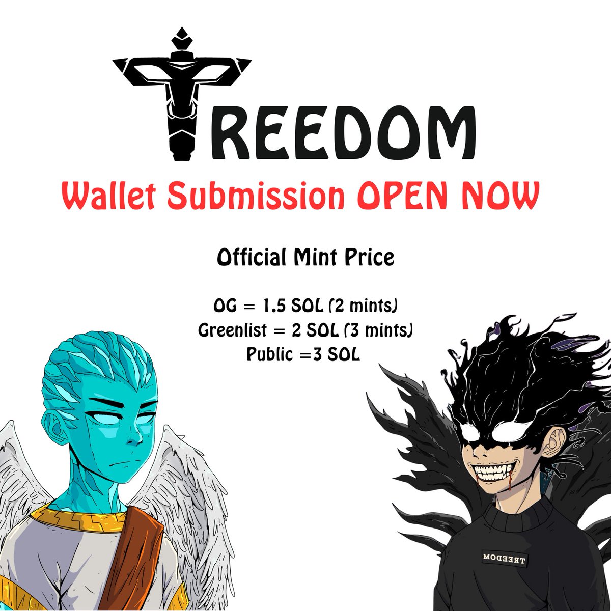 TreedomNFT's tweet photo. Dear Tribals,

We are excited to announce that we have opened up the official wallet submission for our upcoming mint this month! 💼

Click the following link to submit your wallet and obtain your OG and WL spots: https://t.co/bRTCrIMqEV

Wallet submission will stay open until 16th of August⏳