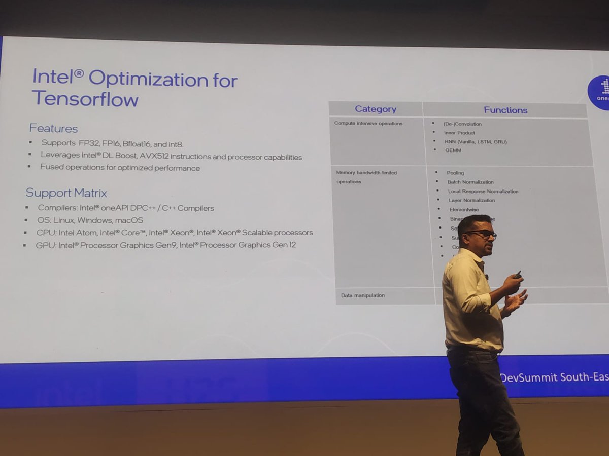 Conducted a hands-on workshop to a packed hall at the "#oneAPI DevSummit for HPC &amp; #AI" at Bangalore today on "Intel® optimization for #Tensorflow with oneAPI on DevCloud" along with Vishnu. Showcased  TensorFlow optimization inferencing on a #StableDiffusion model on #DevCloud