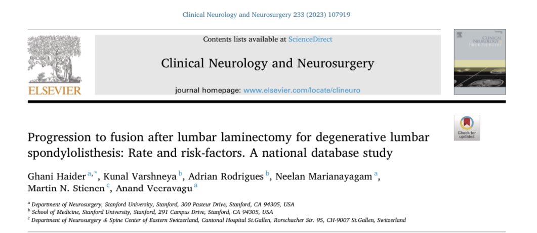 Our latest work at <a href="/StanfordNsurg/">Stanford Neurosurgery</a> on a very important debate in spine surgery. Thank you to all the co-authors: Kunal, <a href="/ARodrigues121/">Adrian Rodrigues, MD</a>, Neelan, <a href="/mnstienen/">Martin N. Stienen, MD/FEBNS</a> and <a href="/AnandMed/">Anand Veeravagu, MD</a> 
authors.elsevier.com/a/1hWRb155ZJ-Q…