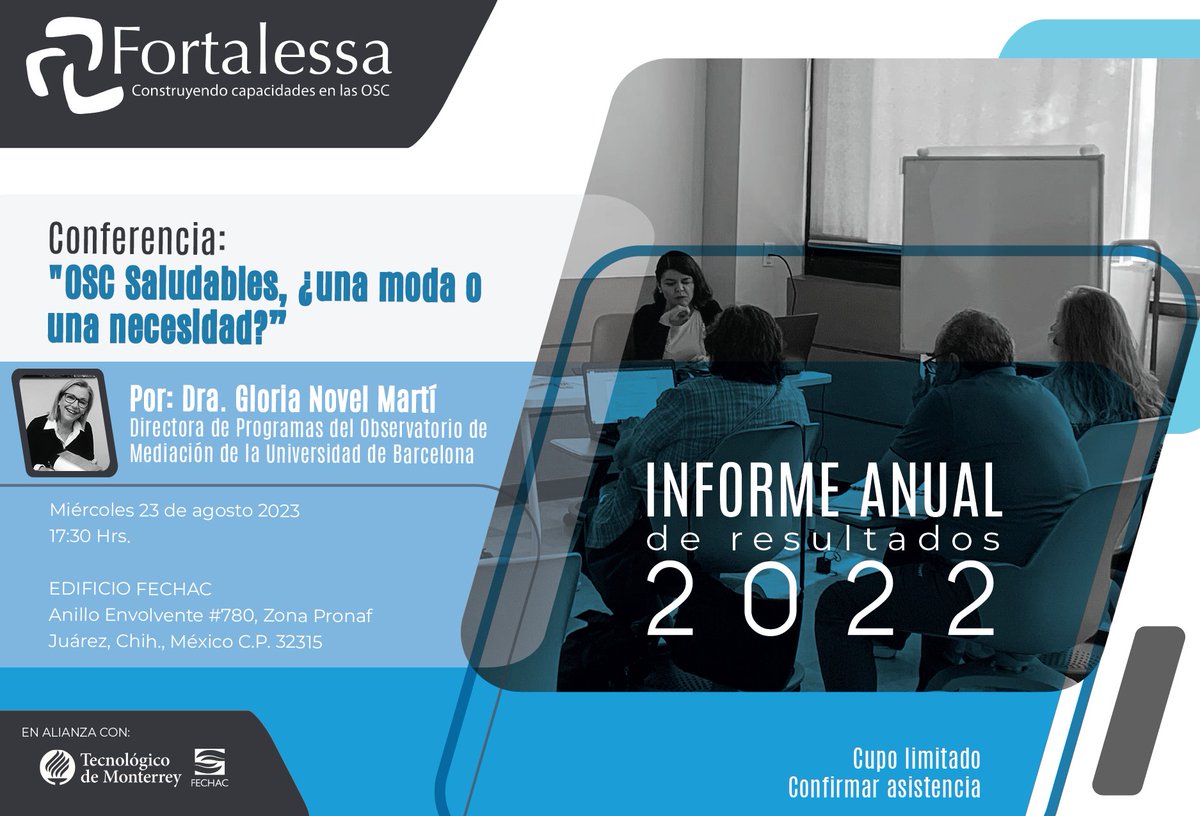 FortalessaOSC's tweet photo. ¡Nos quedan muy pocos lugares!
¿Ya te inscribiste?
Te invitamos a nuestra conferencia "OSC Saludables, ¿una moda o una necesidad?", impartida por la Dra. Gloria Novel Martí, directora de Programas del Observatorio de Mediación de la Universidad de Barcelona, España. https://t.co/eIljvBNa3d