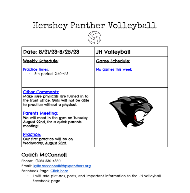 HersheyPanthers's tweet photo. PANTHER JUNIOR HIGH VOLLEYBALL!!!! Parents and athletes in 7th &amp; 8th grade please check out the information concerning the upcoming Junior High Volleyball season this fall. Please contact Coach Kylie McConnell's for any questions you may have concerning the season. #PANTHERMOJO https://t.co/yi5tXhARYP