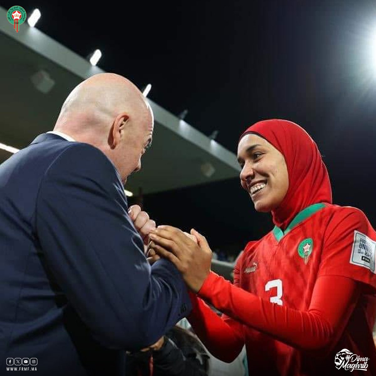EnMaroc's tweet photo. رئيس الفيفا السيد جياني إنفانتينو يهنئ المنتخب الوطني النسوي بعد تحقيقه التأهل إلى الدور القادم من كأس العالم للسيدات FIFA أستراليا ونيوزيلندا 2023 🤩

FIFA President, Mr. Gianni Infantino, extends his congratulations to the National Women's Team for their successful qualification to the next stage of the FIFA Women's World Cup Australia & New Zealand 2023�� 🏆

#DimaMaghrib 🇲🇦 #OneGameOneFamily #AtlasLionesses