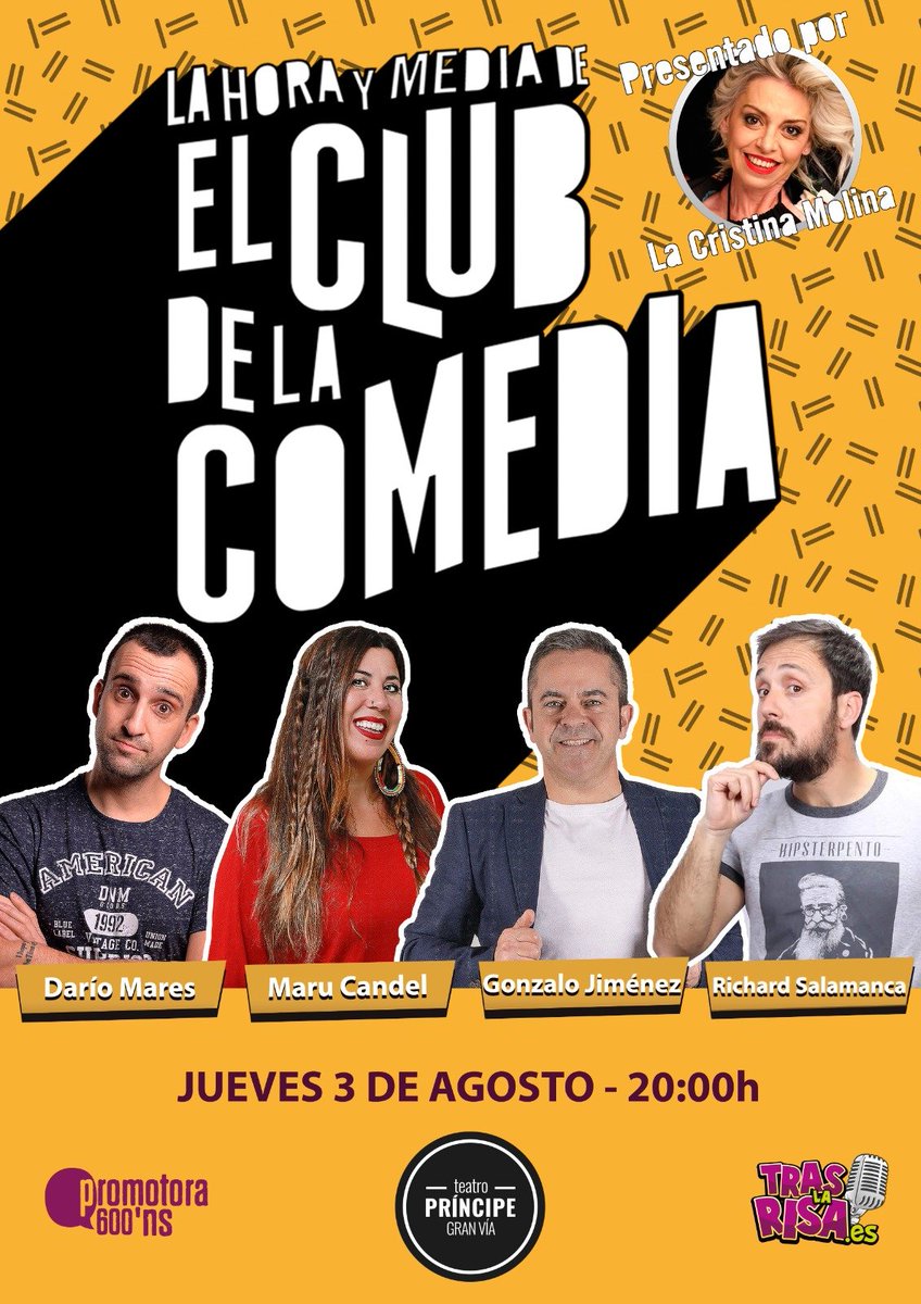 Vamooooos hermos@s!! Mandanga para hoy #jueves #clubdelacomedia #madrid #teatroprincipegranvia
<a href="/Granviademadrid/">𝗚𝗿𝗮𝗻 𝗩í𝗮 𝗱𝗲 𝗠𝗮𝗱𝗿𝗶𝗱</a>
<a href="/TrasLaRisa/">TrasLaRisa.es</a>
<a href="/Promotora600/">Promotora 600</a>
<a href="/GrupoMarquina/">GrupoMarquina</a>
<a href="/TEATROMADRID/">MadridEsTeatro</a>
@TurismoMadrid
<a href="/Cultura_MDRD/">Cultura Madrid</a>
<a href="/ResumePelis/">Darío Mares</a>
<a href="/marucandel/">Maru Candel</a>
<a href="/Richard_onfire/">🔥Richard Salamanca🔥</a>
@lacristinamoli