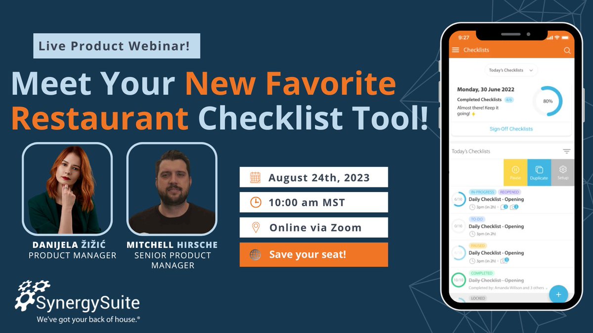 SynergySuite's tweet photo. Save your seat to join us for a live webinar, on August 24th as we showcase our newly revamped food safety and operations checklist tool! 

Loaded with new features and functionality, an easy-to-use UI - see how your enterprise can get more done!

https://t.co/5w9eXDSDTm https://t.co/susuB6Eczc