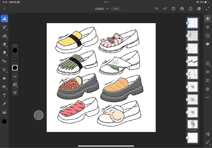 かわいい!🍣  基本的に靴を描く時は「このパーツはどんな材料で、どんな仕様で作るか」まで考えて描く(細かい仕様は絵に反映させず省略することもある)ので、今回もどれも具体的にイメージはあるんだけど、唯一いくらのプチプチだけはどんな仕様で再現するかイメージが固まらない🤔
