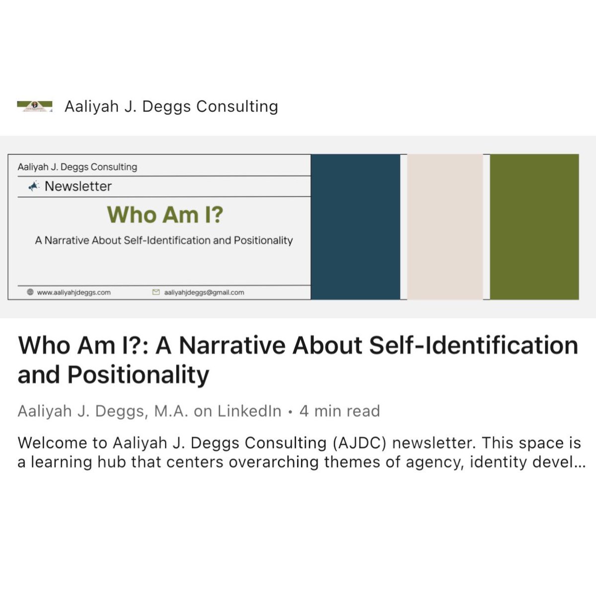 Aaliyah J. Deggs Consulting Podcast and Article. View more on Instagram: instagram.com/p/CvfLrDaMxZe/…

#WhoIAm #Identity #Storytelling #AaliyahJdeggs #AaliyahJDeggsConsulting #Podcast #LinkedIn #Article #Positionality #SelfIdentification