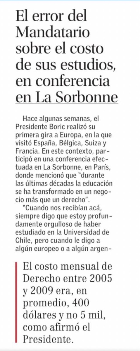 neoliberalchile's tweet photo. #ALERTA🚨| El presidente Boric difunde fake news en Europa:

El presidente Boric durante su visita a Europa señaló que la carrera de derecho le costó mensualmente $5000 dólares en la Universidad de Chile, lo cual es falso.

Lo cierto es que el costo mensual de la carrera de derecho en dicha casa de estudio durante los años 2004 y 2009 rondaba los $370 dólares, mientras que en 2009 el costo mensual era de $430 dólares. (@ElMercurio_cl)