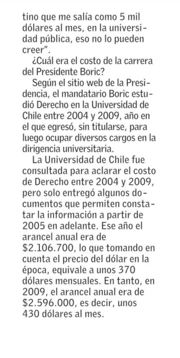 neoliberalchile's tweet photo. #ALERTA🚨| El presidente Boric difunde fake news en Europa:

El presidente Boric durante su visita a Europa señaló que la carrera de derecho le costó mensualmente $5000 dólares en la Universidad de Chile, lo cual es falso.

Lo cierto es que el costo mensual de la carrera de derecho en dicha casa de estudio durante los años 2004 y 2009 rondaba los $370 dólares, mientras que en 2009 el costo mensual era de $430 dólares. (@ElMercurio_cl)