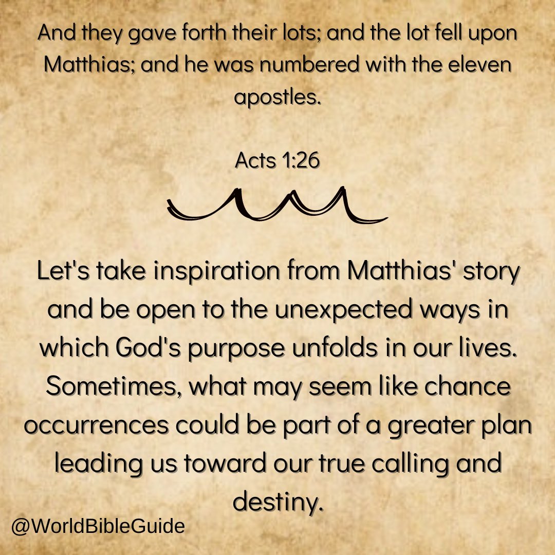 WorldBibleGuide's tweet photo. Acts 1:26
"And they gave forth their lots; and the lot fell upon Matthias; and he was numbered with the eleven apostles."
#bible #bibleverse #verse #bibleexplained #acts #inspiration #mountzion #godsplan #faith https://t.co/hmV6kfoxwG