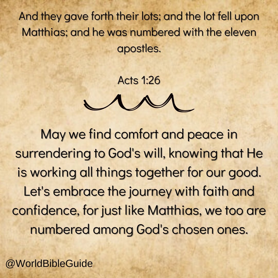 WorldBibleGuide's tweet photo. Acts 1:26
"And they gave forth their lots; and the lot fell upon Matthias; and he was numbered with the eleven apostles."
#bible #bibleverse #verse #bibleexplained #acts #inspiration #mountzion #godsplan #faith https://t.co/hmV6kfoxwG