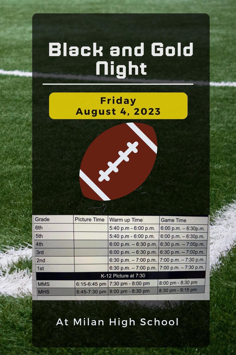 MilanAsstAD's tweet photo. Friday Night Lights are back! Tomorrow night, after Milan Schools Open House, stop by and check out the Black and Gold football scrimmage featuring all youth, middle school, and high school football players. See the schedule below for more information. Go Indians! 🏈 https://t.co/1CkED8f23Z