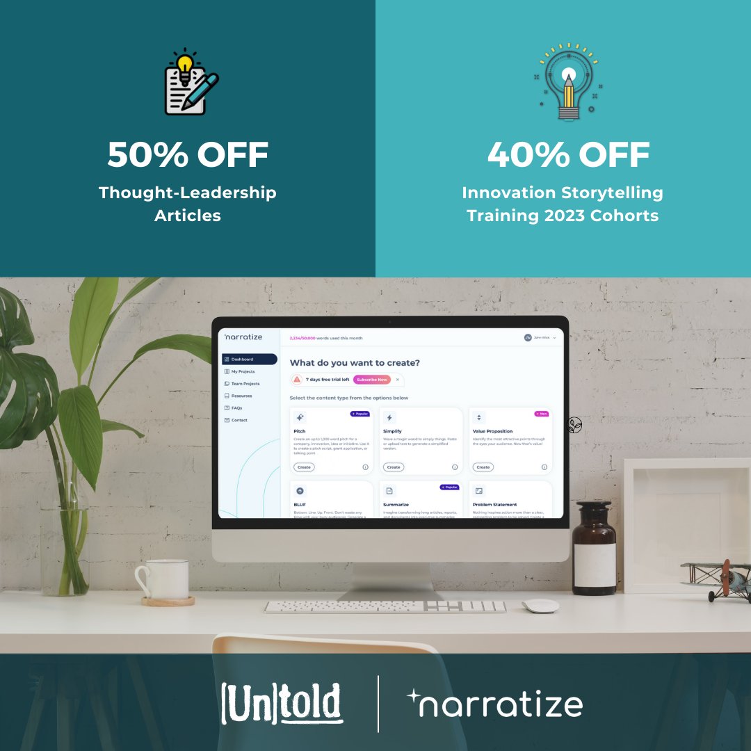 untoldcontent's tweet image. Have you heard about our August 2023 PROMOS?! Get 50% off articles and 40% off innovation storytelling training when you sign up before August 31, 2023. Talk to our team today: hubs.la/Q01YkXzb0
