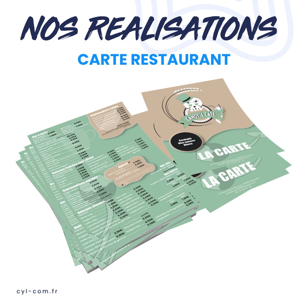 CYL_COM's tweet photo. Création de carte de restaurant pour Candy's Café 🍽️✏️

Si vous aussi vous souhaitez donner un coup de fraîcheur à votre offre, n'hésitez pas à faire appel à CYL&amp;COM 💪 https://t.co/PthgmgfUz5