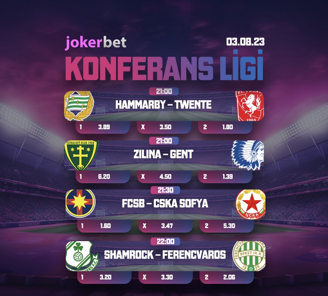 Jokerbetegit's tweet photo. #SONDAKİKA

🇪🇺21:00 | Hammarby - Twente
🇪🇺21:00 | Zilina - Gent
🇪🇺21:30 | FCSB - CSKA Sofya
🇪🇺22:00 | Shamrock - Ferencvaros

💰https://t.co/a8zIAvBDQ9 

#jokerbet #iddaa #bet #casino #futbol #Persembe #UECL #ConferenceLeague #XTwitter https://t.co/L7UzgC2QME