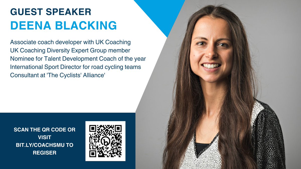 GUEST SPEAKER ALERT

Our final guest announcement (for this week..!) is <a href="/DeenaBlacking/">Deena Blacking</a> 

Deena is a consultant in the world of elite cycling &amp; will help shine a light on practices from across the international road cycling landscape.

Register your place - bit.ly/CoachSMU