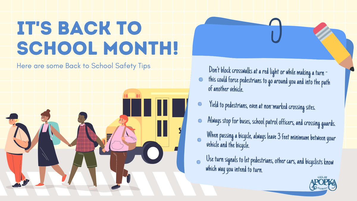 The City of Apopka wants to welcome students back to school and remind drivers to focus on the task of driving. Remember to pay close attention while traveling through school zones. Even when lights aren’t flashing, watch for children in the morning and mid-afternoon. #SafetyTips