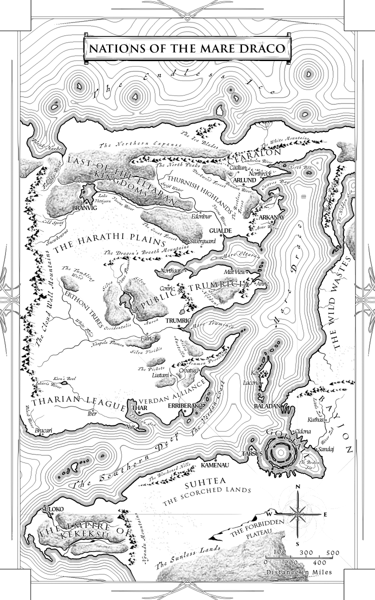 A map! Who doesn't love maps? Behold the known world: the lands and nations of the Mare Draco.

Visit them in Dennis Riley's debut novel Fortune's Shadow, Mercy's Light
amazon.com/dp/B0CC9LQ3LG/…