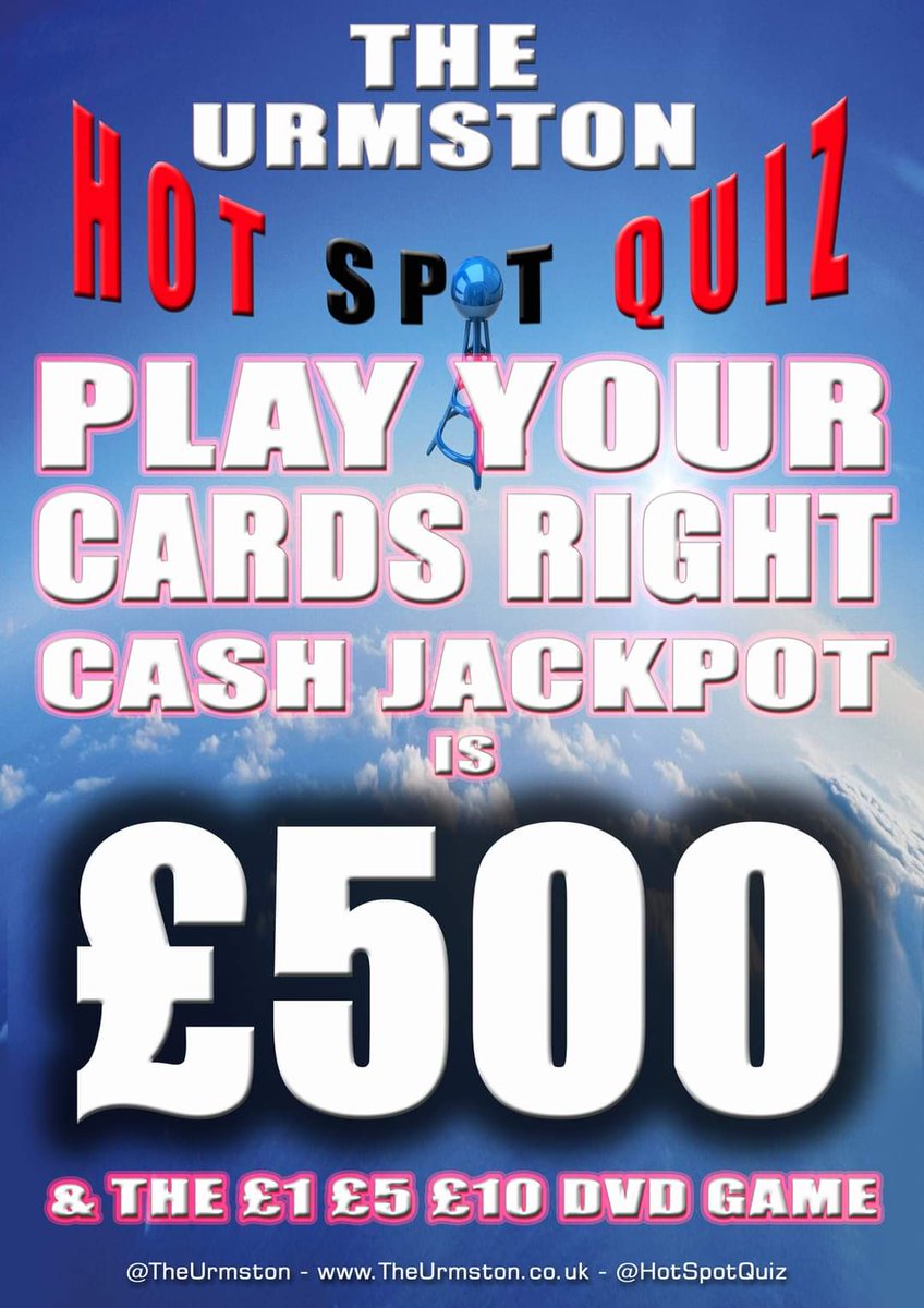 HotSpotQuiz's tweet image. THURSDAY: @SpeedQuizzing Pwd @HotSpotQuiz 8:00pm
FROM: @HSQAcademy
LOCATION: @TheUrmston #Urmston #Stretford
HOST: @DaveDDecks
ENTRY: Free
PRIZES: 1st 2nd 3rd &amp;amp; Last
HANDICAP: 50
ADD ONS: #Dingbats #Conundrums #PYCR #DVDGame
ENDORSERS: @TrophiesByVicki @TransamTv @YourUrmston