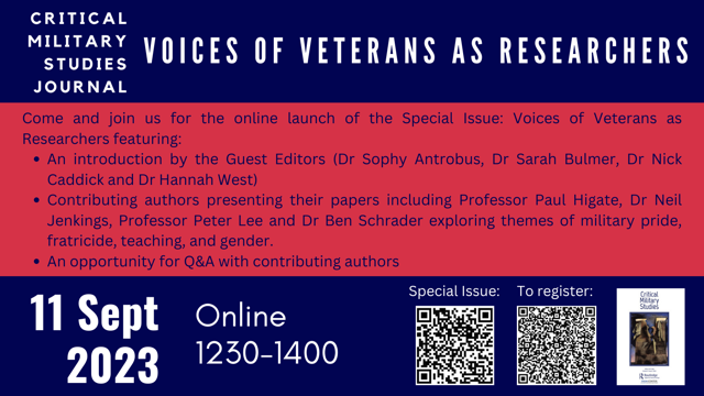 Join contributing authors, alongside guest editors @hannah_r_west, Sarah Bulmer, @DrSophyAntrobus, and @NickCaddick1, for an online discussion of their recent special issue Voices of the Veteran (tandfonline.com/toc/rcms20/9/1…) on 11 Sept 2023, 12.30-1400 UK time!