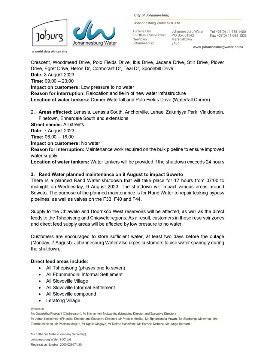 JHBWater's tweet image. Daily water supply system status updates: Thursday, 3 August 2023 (Afternoon) #JoburgUpdates ^N