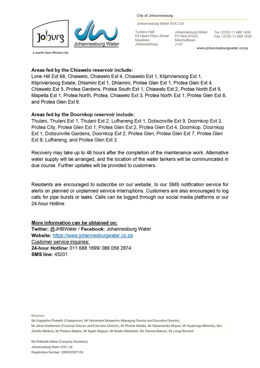 JHBWater's tweet image. Daily water supply system status updates: Thursday, 3 August 2023 (Afternoon) #JoburgUpdates ^N