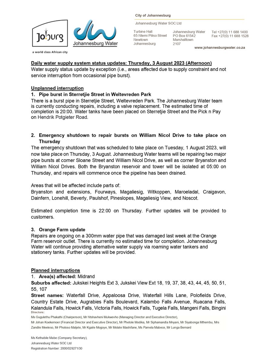 JHBWater's tweet image. Daily water supply system status updates: Thursday, 3 August 2023 (Afternoon) #JoburgUpdates ^N