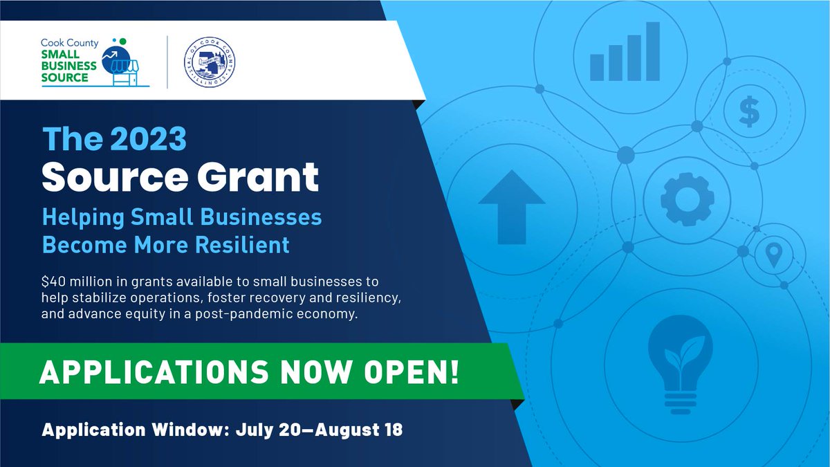 Are you a #CookCounty Small Business owner? Apply for a 2023 Source Grant by Friday, August 18. Learn more and apply at : cookcountysmallbiz.org/sourcegrant.
