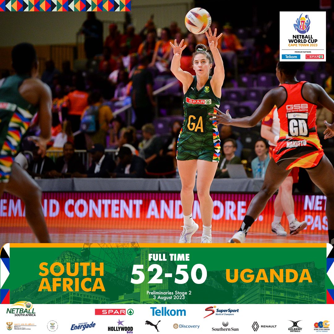 Netball_SA's tweet image. 🇿🇦🆚🇺🇬
𝗩𝗜𝗖𝗧𝗢𝗥𝗬 𝗦𝗢𝗨𝗧𝗛 𝗔𝗙𝗥𝗜𝗖𝗔!
But yoh, what a hard, close game. 😱

The winner between the Tonga vs Malawi match (Group F) will determine which team we play in the Play-Off on Friday.

#SPARProteas | #NWC2023