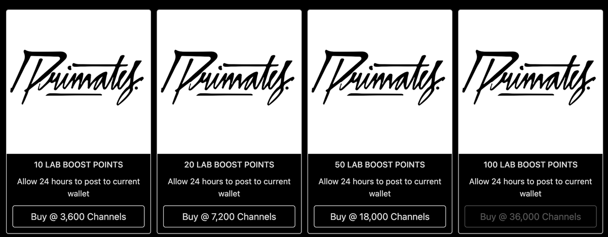 CryptoCh4r13s's tweet photo. Just bought 300 @Primatesnft #primateslab boost points using my @PriTVDAO Channel points! What a DAO! What a buildor.. salute! https://t.co/c0lPMs9QTp