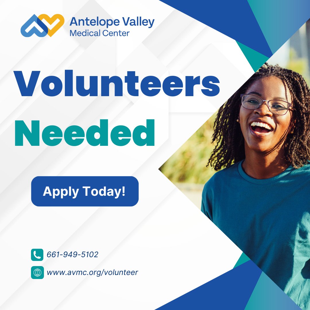 avmedicalcenter's tweet photo. Calling all #volunteers--We need you! #AVMC is looking for dedicated individuals to join our team of volunteers. Volunteering at AVMC is a great way to #giveback to the #community, while gaining valuable experience and developing new skills. Apply today! https://t.co/qeqjjBptV7 https://t.co/a2oNOgPPfx