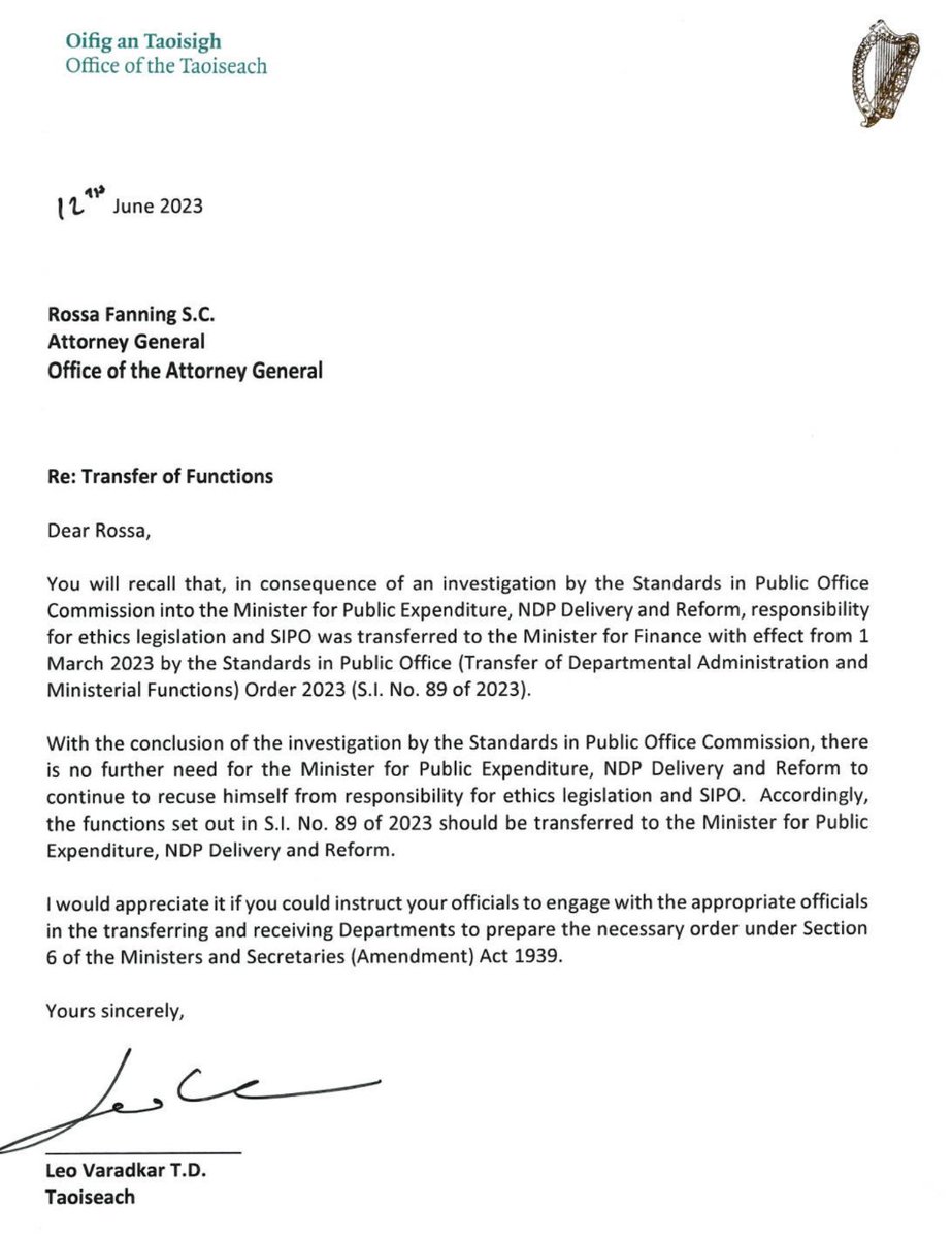 kenfoxe's tweet photo. Letter from Leo Varadkar to Attorney General saying it was time for Minister Paschal Donohoe to be put back in charge of ethics legislation and standards in public office.

Both Varadkar and Donohoe have been investigated by SIPO in recent times in relation to leaking a confidential document (the Taoiseach) and undeclared  election expenses (the Minister for Public Expenditure).

Neither investigation went anywhere.