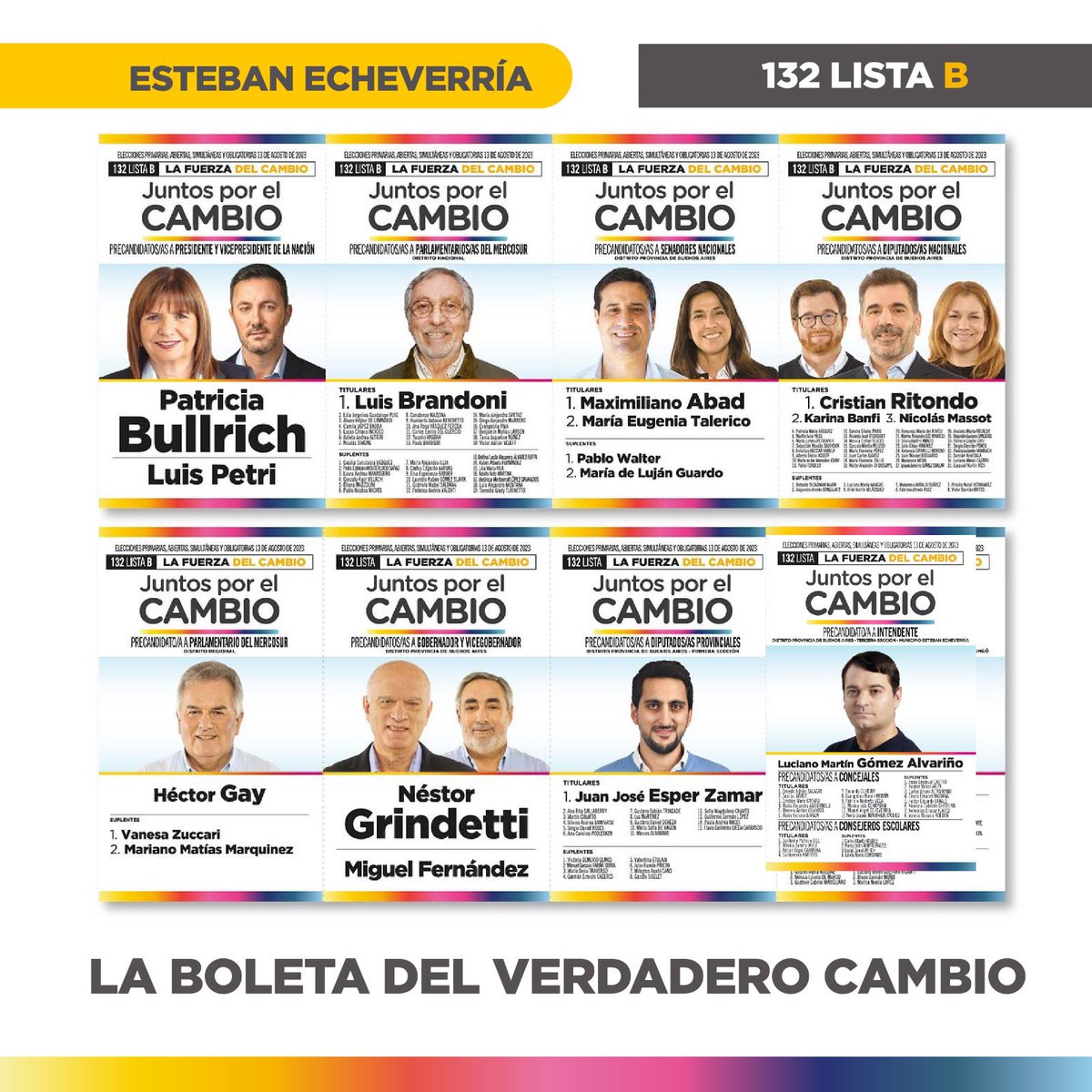 lucianogoal's tweet photo. ESTA ES LA BOLETA CON EL EQUIPO QUE VA A CAMBIAR ESTEBAN ECHEVERRÍA 🚀

Esta boleta refleja el compromiso, la fuerza y la voluntad de trabajar incansablemente para hacer los cambios impostergables que requiere el país, y el anhelo de progresar y salir adelante.

JUNTOS, con @PatoBullrich en la Nación, y @Nestorgrindetti en la Provincia vamos a lograr el orden que necesitamos para poder vivir en paz. 

Este 13 de agosto SUMÁ TU FUERZA, porque en la Argentina que viene si no es TODO es NADA.

#LaFuerzaDelCambio