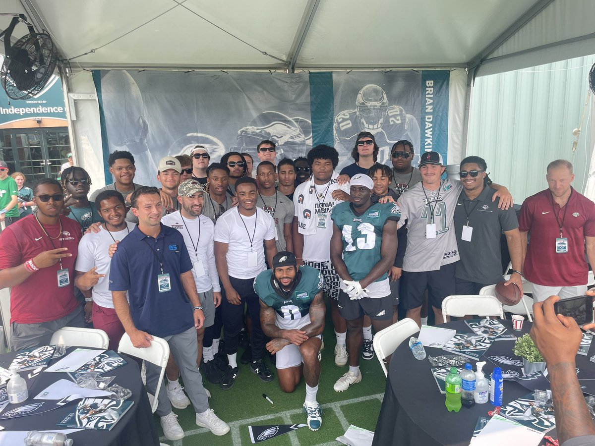 Former Saint Joe’s Prep stars D’Andre Swift and Olamide Zaccheaus with the Hawks football team at Eagles training camp today