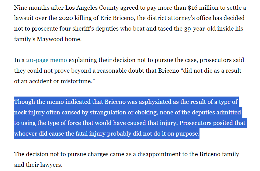 keribla's tweet photo. The DA has decided not to prosecute 4 East LA deputies who tased &amp; beat a man to death in his parents' home.

Why? None of the deputies admitted to doing anything to cause the type of injury that killed him - so prosecutors said it was probably accidental.
https://t.co/3wb7T0c5wX https://t.co/Y1rGZHRjCs